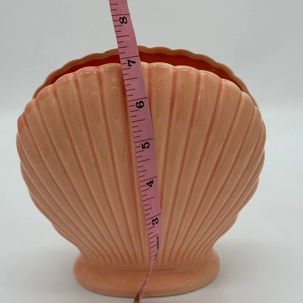 Vintage 80s Peach Ceramic Scallop Shell Fan Vase Japan Art Deco Planter 7x7